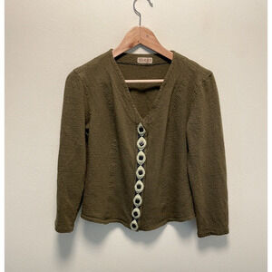 Womens Cardigan Small Green Wool Blend Floral Applique Stretch Goblincore Y2K